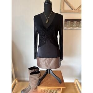 SHERAGANO ATELIER 100% Silk Lace Bustier Bodice w Sheer Décolleté & Long Sleeve